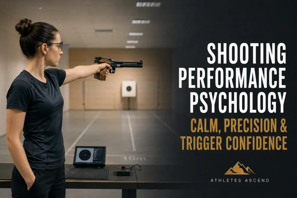 Female air-pistol competitor aiming calmly at a precision target on an indoor shooting range.