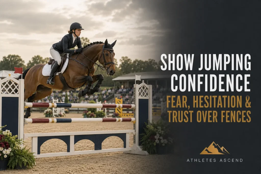 Female show jumper and bay horse confidently clearing a coloured fence in a competition arena.