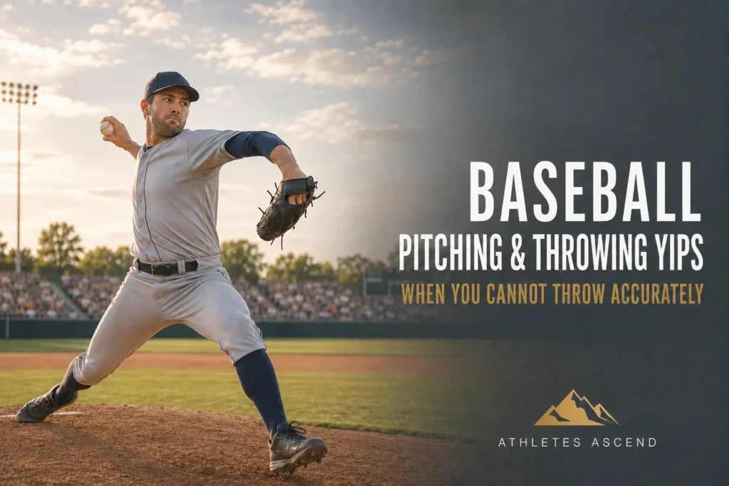 Baseball pitcher preparing to throw in front of a crowd, representing pitching and throwing yips and difficulty throwing accurately.