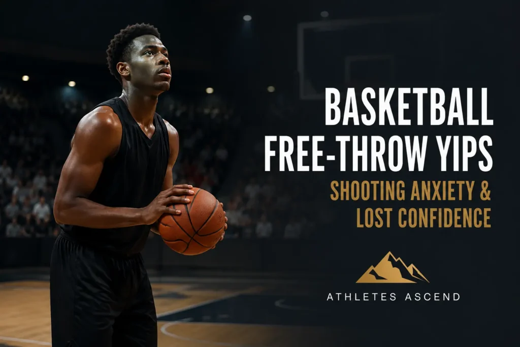 Black basketball player preparing to take a free throw beside the words Basketball Free-Throw Yips, Shooting Anxiety and Lost Confidence.