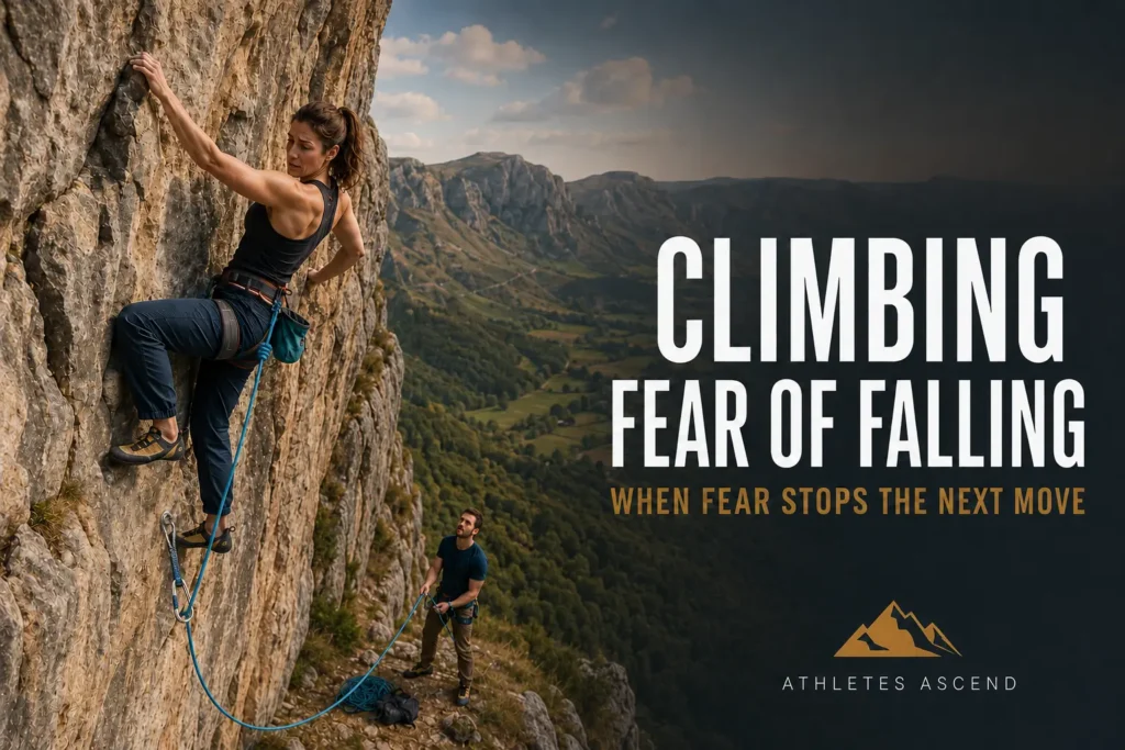 Female rock climber hesitating high on an outdoor cliff while securely roped to an attentive belayer below.