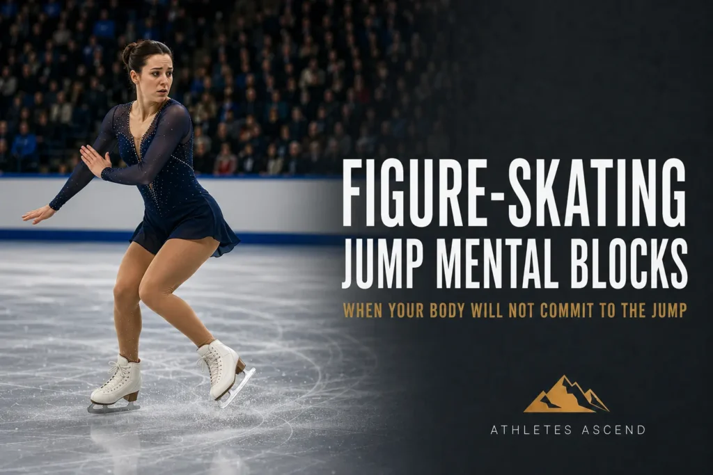 Figure skater hesitating and checking her movement immediately before attempting a jump in a crowded ice arena.