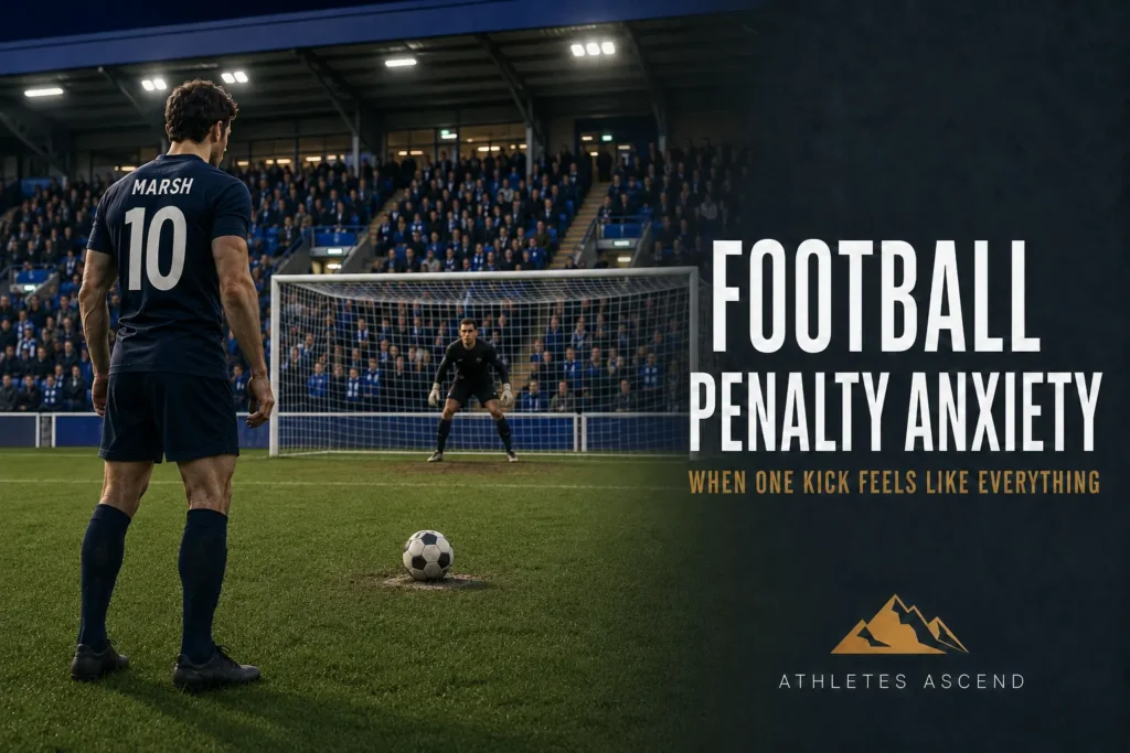Footballer wearing a Marsh number 10 shirt preparing to take a pressured penalty against a waiting goalkeeper.