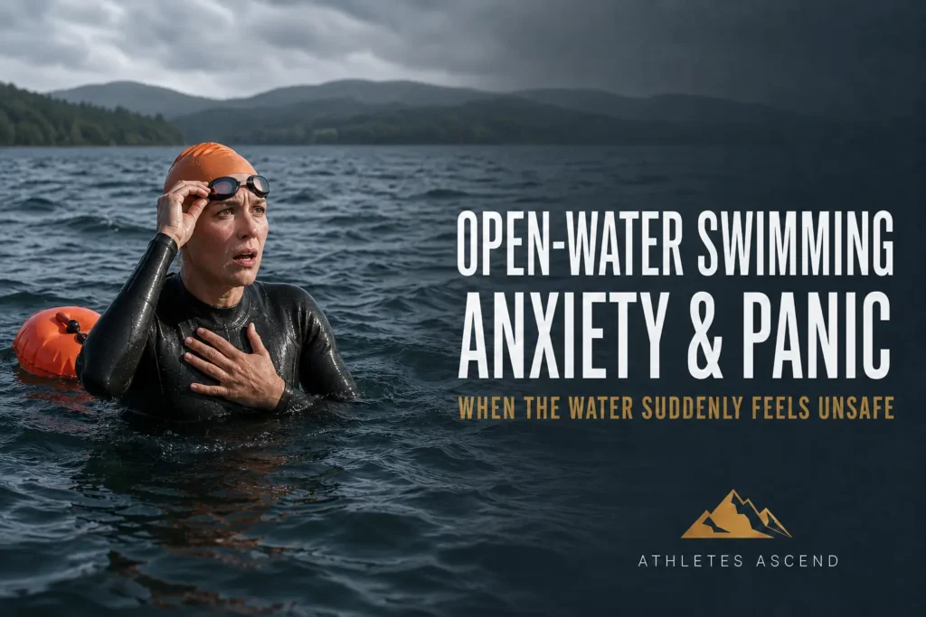 Open-water swimmer experiencing panic alone in a lake while wearing a wetsuit and using an orange safety tow float.