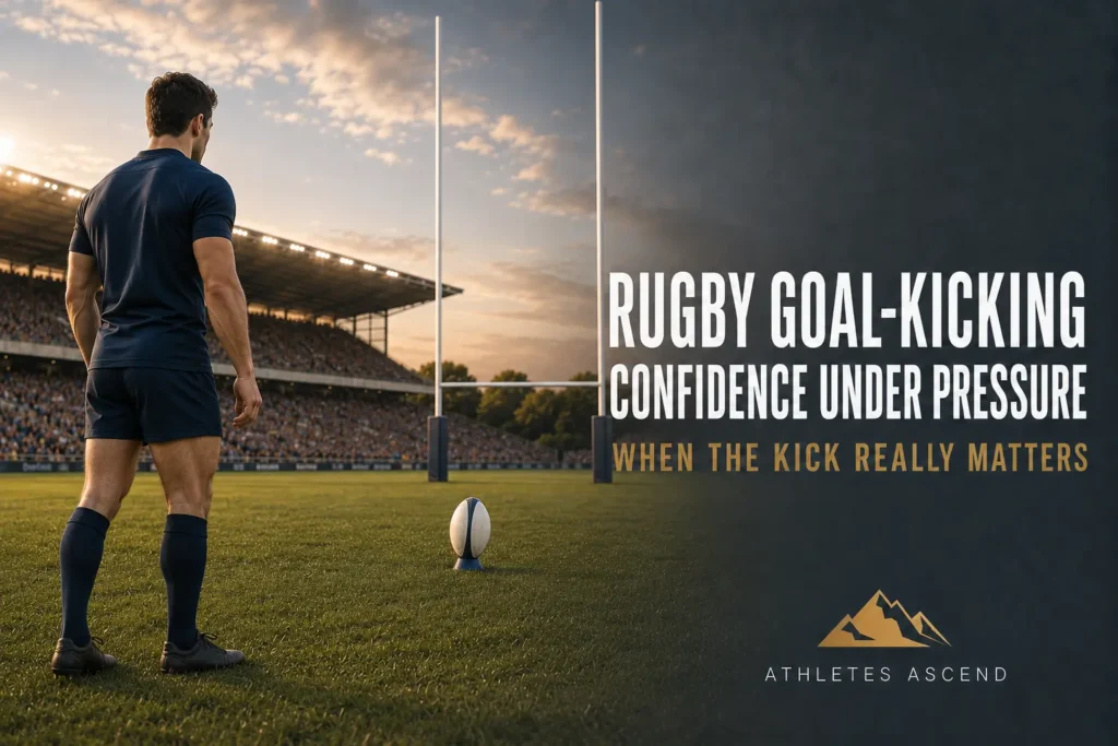 Rugby goal-kicker viewed from behind as he prepares to kick a ball towards the posts in a crowded stadium.