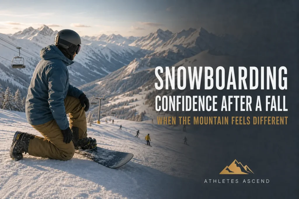Snowboarder hesitating at the top of a mountain slope after losing confidence following a fall.